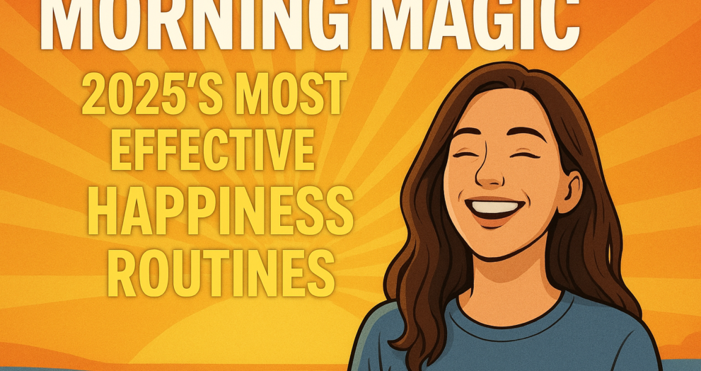 A cheerful young woman smiling brightly against a vibrant sunrise background, with bold text that reads “Morning Magic: 2025’s Most Effective Happiness Routines.”