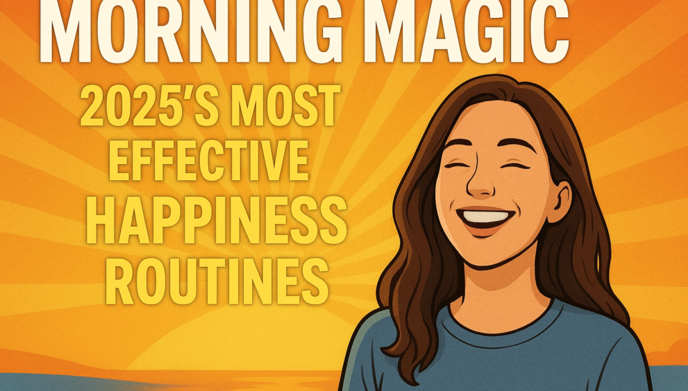 A cheerful young woman smiling brightly against a vibrant sunrise background, with bold text that reads “Morning Magic: 2025’s Most Effective Happiness Routines.”